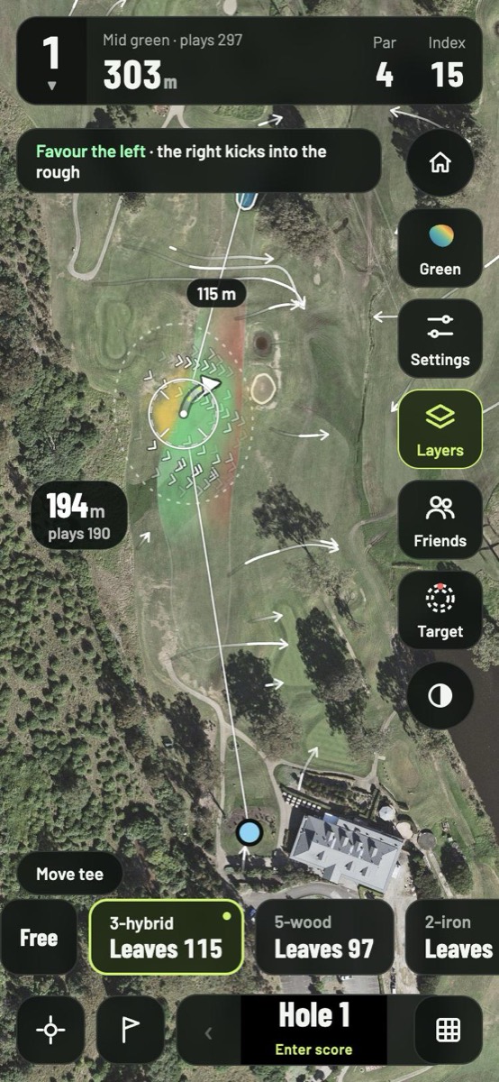 Shot Bro on hole 1: the 3-hybrid lands 194 metres out, the fairway glows green where the ball holds and red where it kicks into the rough
